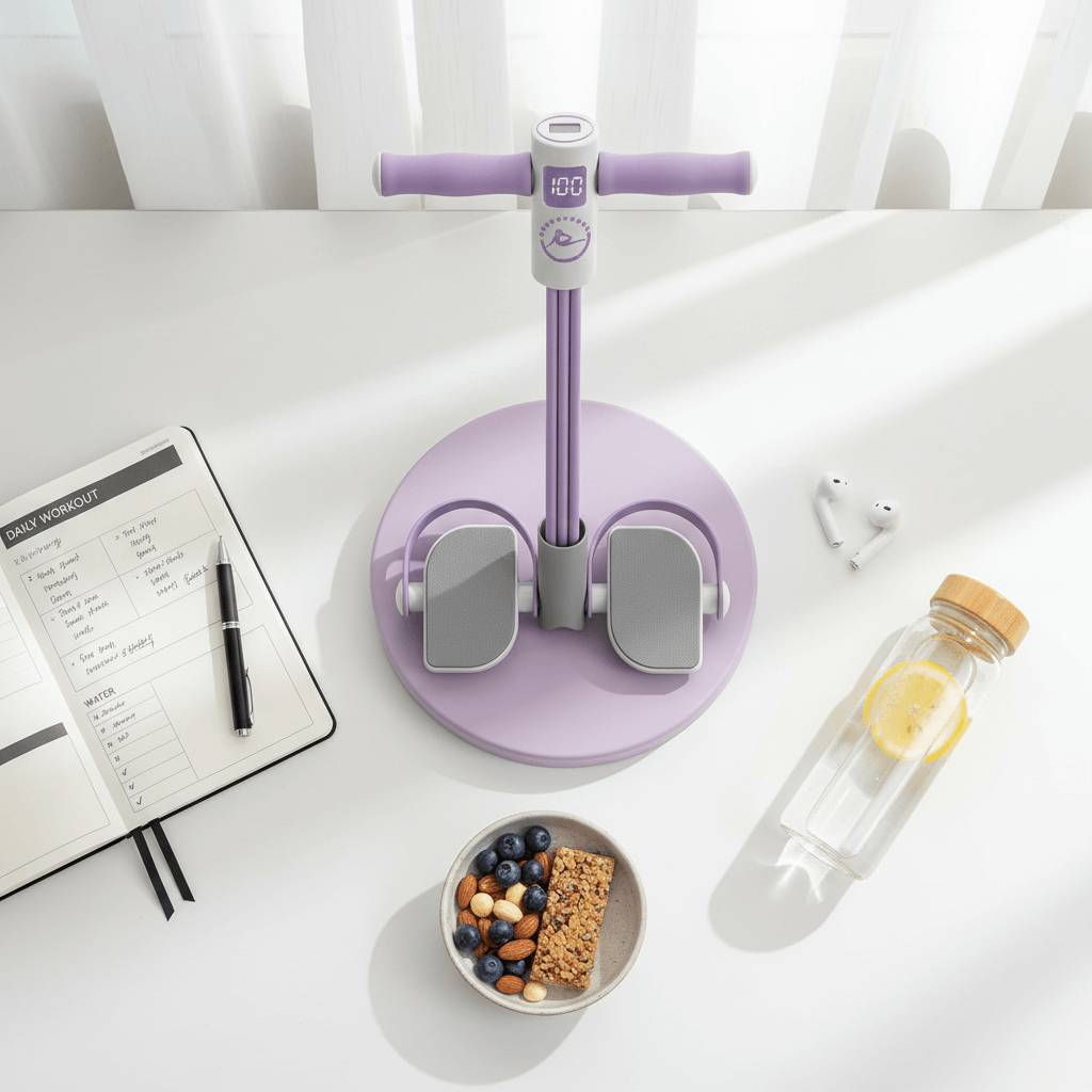 Multifunctional Pedal Puller Resistance Rope on a table with snacks and water bottle for home workout setup.