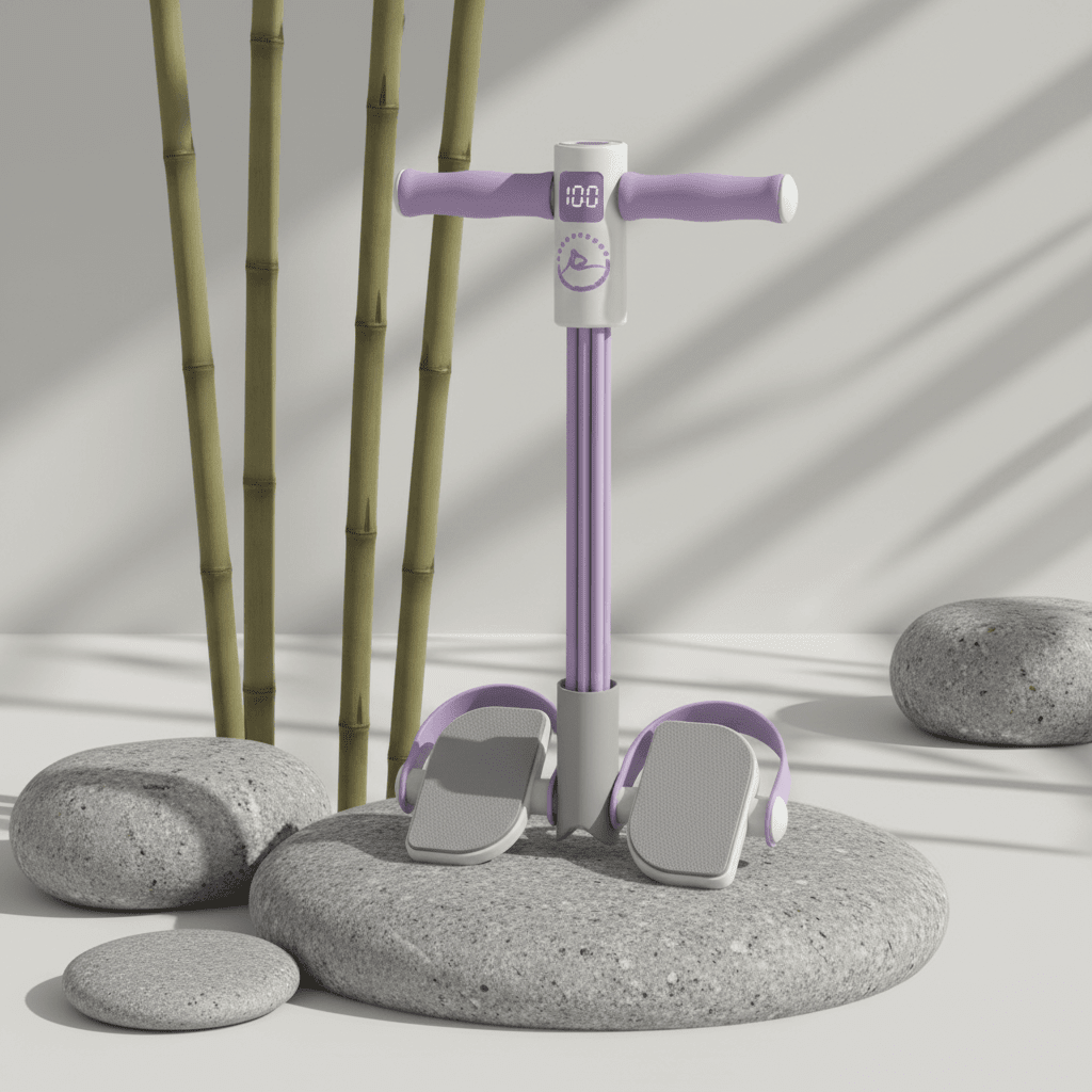 Multifunctional Pedal Puller Resistance Rope displayed with foot pedals in a tranquil setting for home workouts.